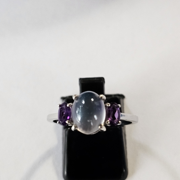 Aurora Moonstone & Amethyst Ring Platinum over Sterling Silver Sz 8! 💫 - Picture 2 of 7